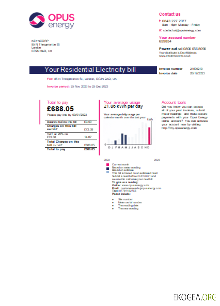 Facture commerciale du service public d'électricité Opus Energy, page 1, SCR
